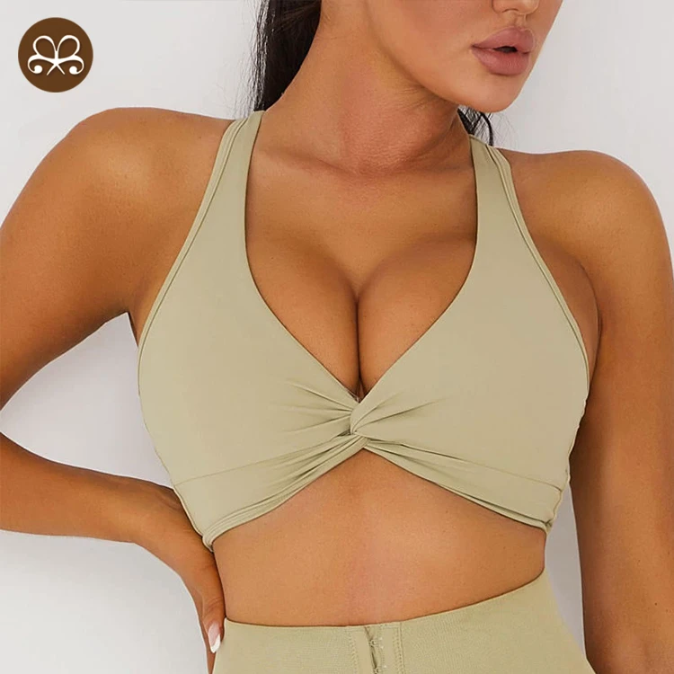 Women Gym V Neck Front Twist Knot Sexy Bra Cross Bow Sports Bra High Elastic Solid Color Yoga Bra
