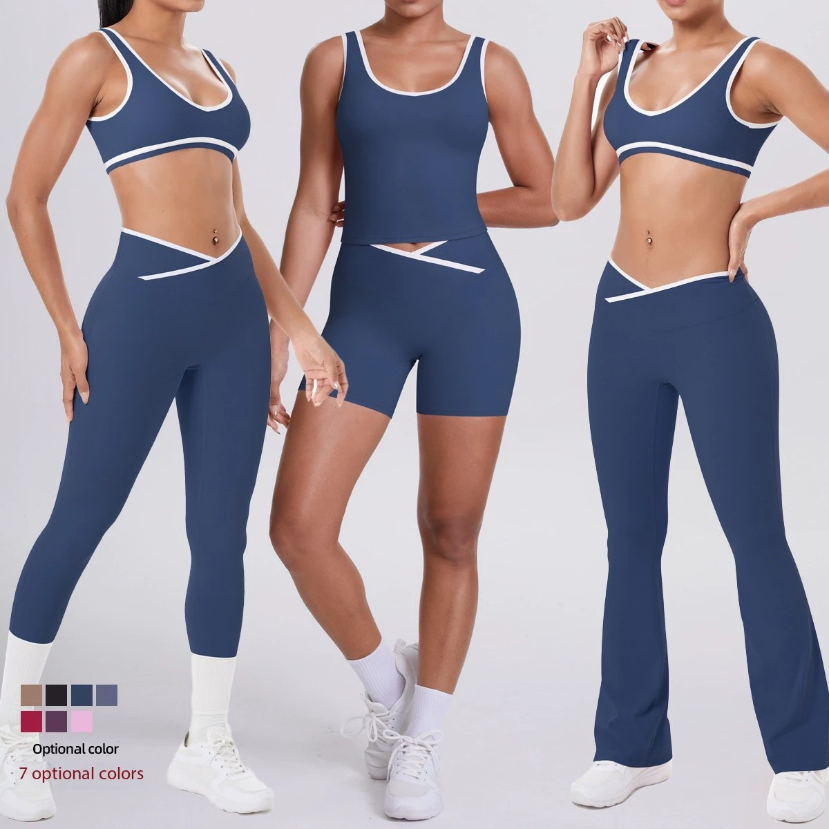 2025 New Women 5 Piece Solid Activewear Suits Cross Mid Waist Pilates Sportswear Four-Way Stretch Quick Drying Yoga Sets