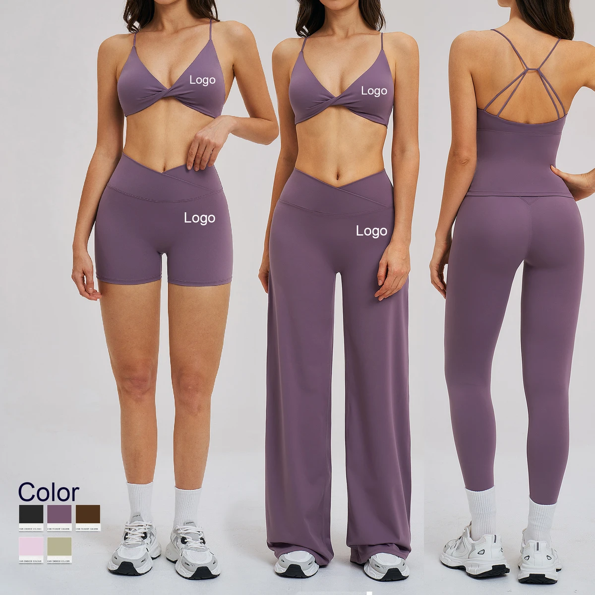 Push Sports Activewear V-Shaped Waist 5-Piece Solid Backless Halter Bra Set Scrunch Butt Yoga Fitness Gym Running Workout