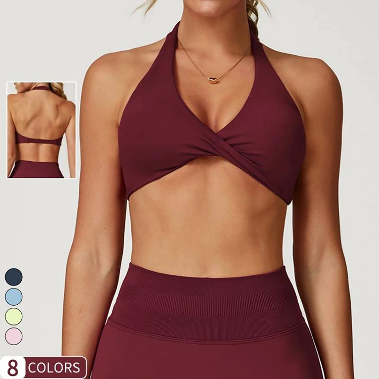 Sexy Exposed Navel Yoga Top Twist Front Halter Neck High Stretch Breathable Gym Workout Vest