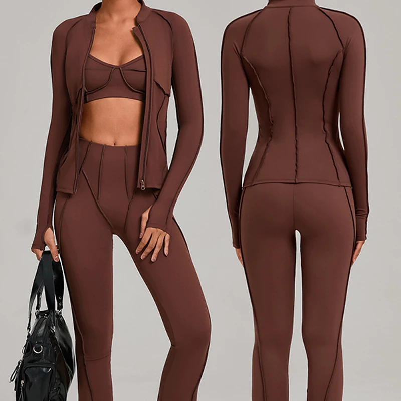 Custom Women's Zipper Brushed Fleece Casual Running Fitness Outerwear Tight Fitting Sports Yoga Three Pieces Sets
