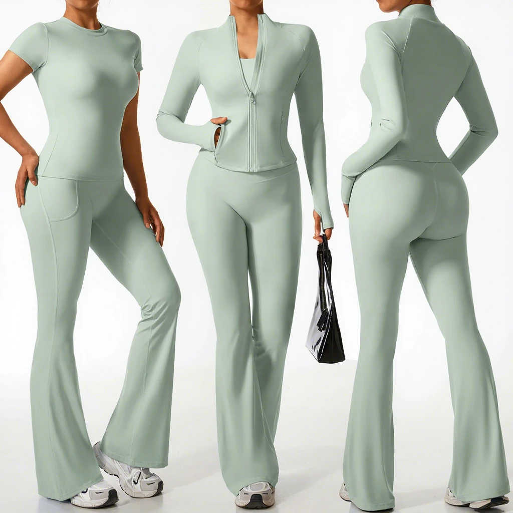 Manufacturers Custom Nylon Activewear Top Loungewear Two Piece Plus Size Jacket Yoga Women Flared Gym Legging Pants Workout Set