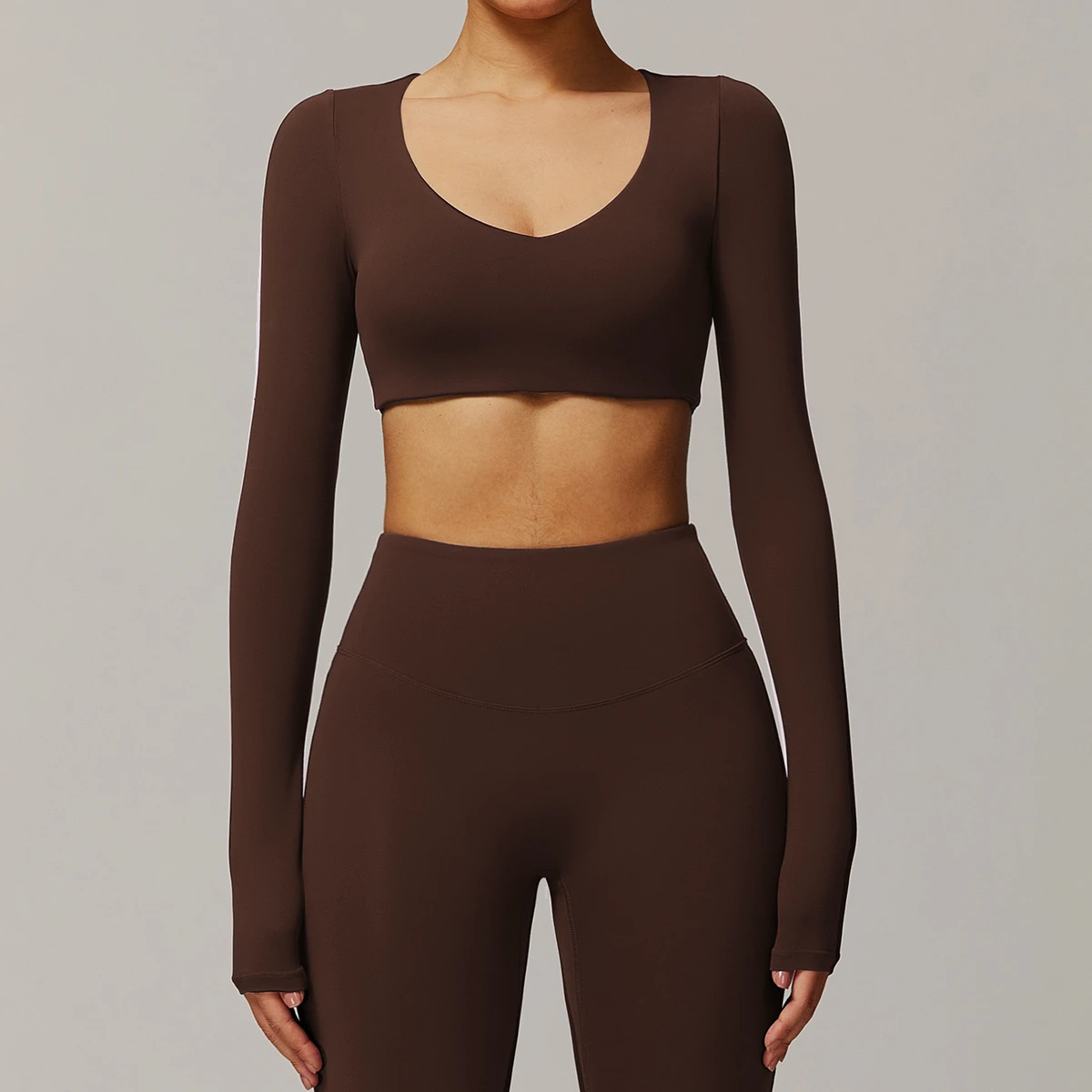 Women's Regular Fit V-Neck Full Cropped Long Sleeve Eco-Friendly Lightweight Spandex/Nylon Yoga T-Shirt Automated Cutting