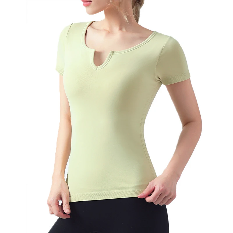 Spring Summer 2024 New Yoga Clothing Tight Sports Top Women's V-Neck Short Sleeve Seamless Polyamide Solid Fitness Chest Pad