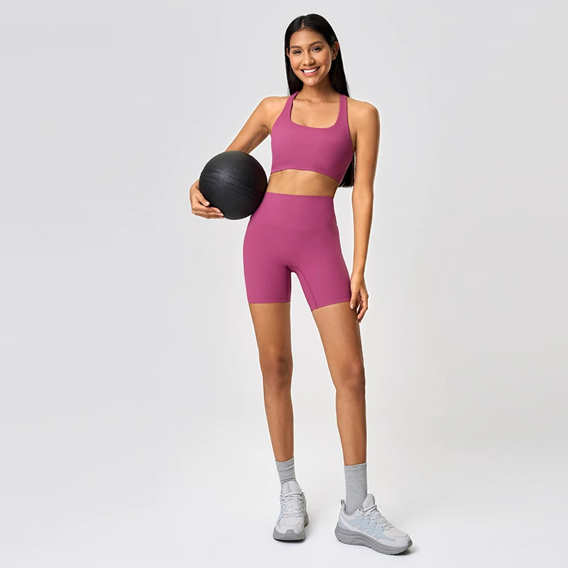 Womens Yoga Set Round Neck Crisscross Strap Tank Top with Elastic Waist Athletic Shorts Breathable High Stretch Two Piece Outfit