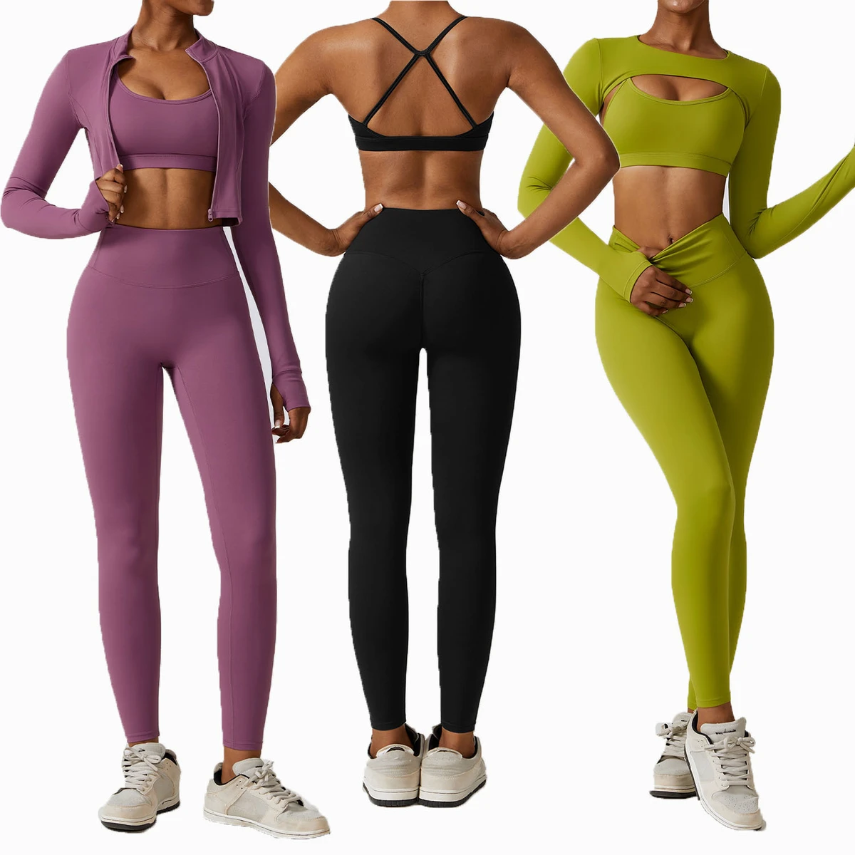 Hot Selling Sexy Nude Yoga Wear Mujer Ropa T8347 Gym Fitness Sets Women 4 Piece Sports Jacket Bra Long Sleeve and Leggings Set