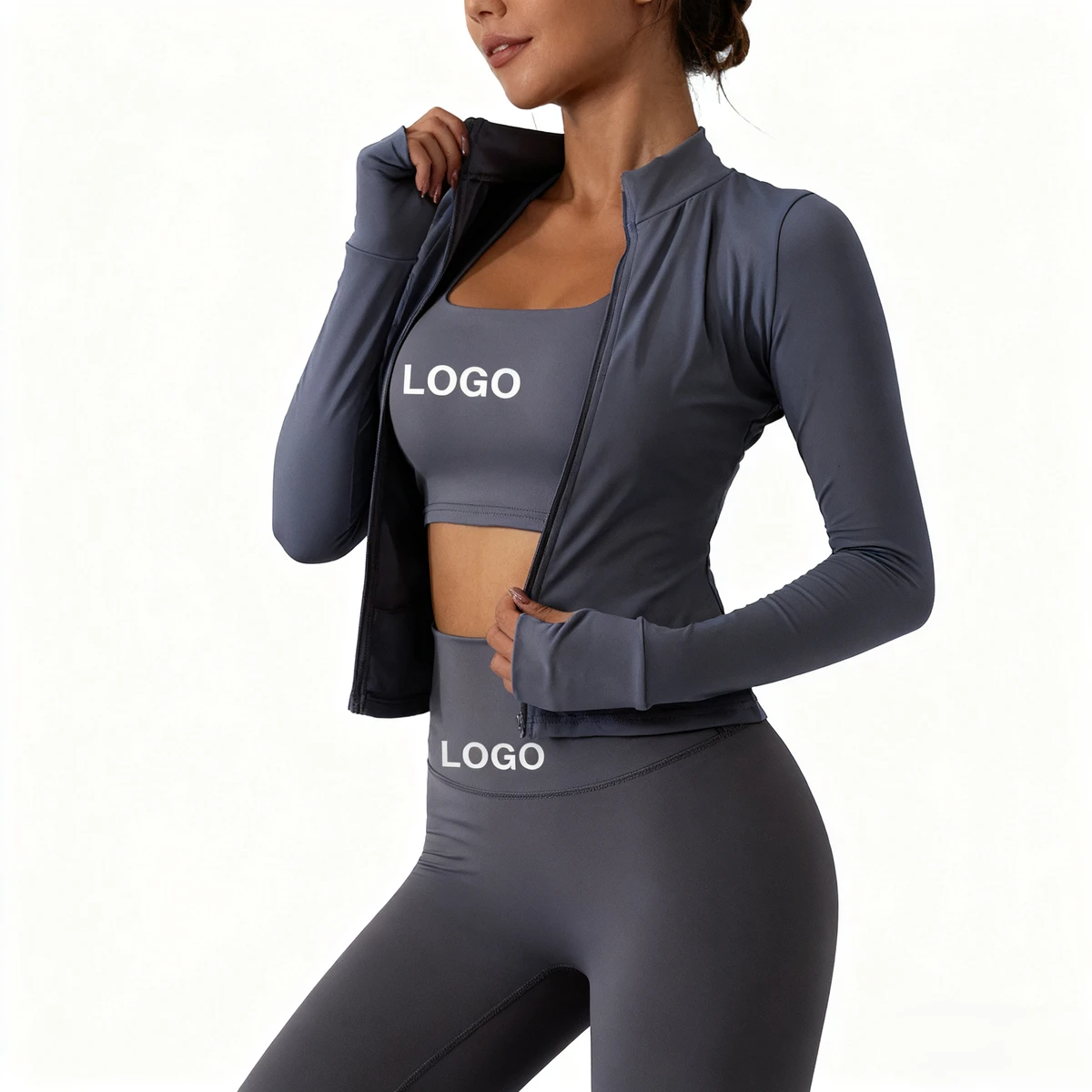 Wholesale Women's 3-Piece Eco-Friendly Fitness Gym Wear Set Yoga Jacket Leggings Sports Bra Front Print Spandex/Nylon Quick Dry