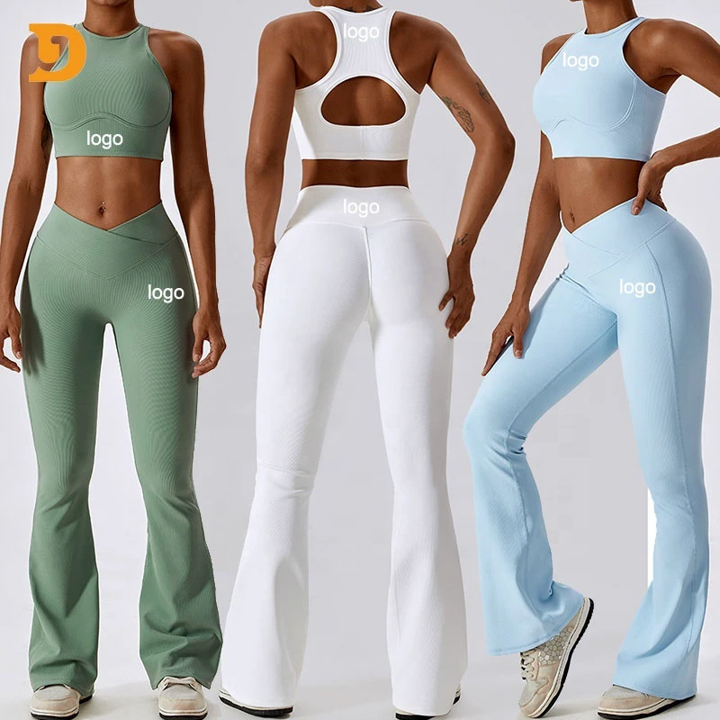 Wholesale Yoga Sets High Neck Racerback Sports Bra Flared Wide Leg Pants Leggings 2 Piece Yoga Set Workout Fitness Gym Wear Suit