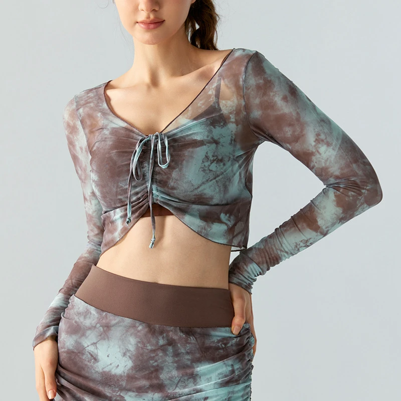 New Trendy Women's Gym Fitness Crop Tops Long Sleeve Printing Mesh Yoga Tops Outdoor Casual String Cover up Gym Wear