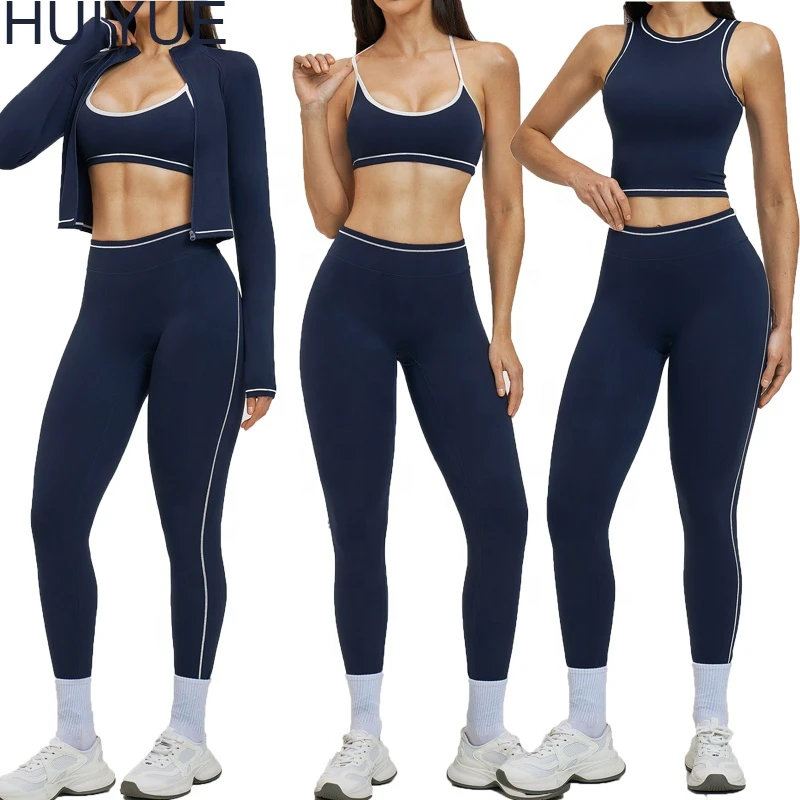 Wholesale Sport Women's 5 Piece Activewear Set Contrast Color Zip up Jacket Sports Bra High Waist Leggings Fitness Yoga Set