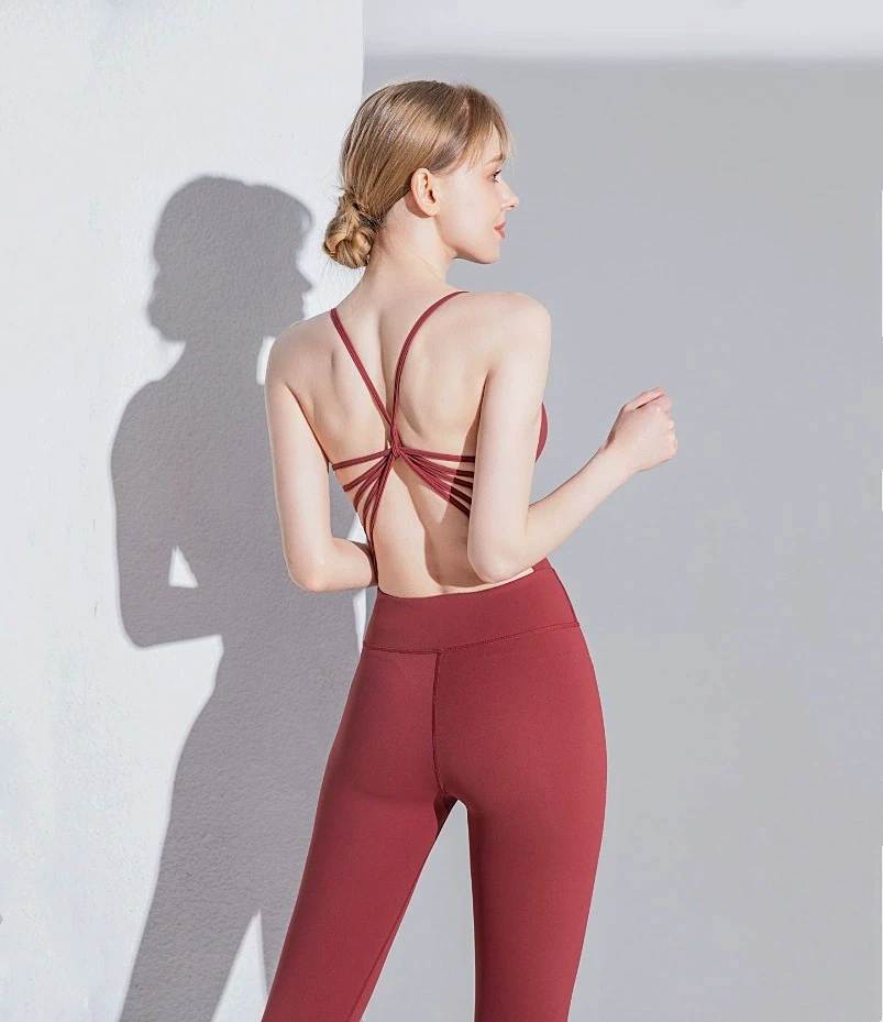 STYLE TZ505L New Sexy Cross-Back Sports Bra Low Waist Yoga 2-Piece Nude Set Breathable Solid Front Logo Seamless Nylon/Cotton