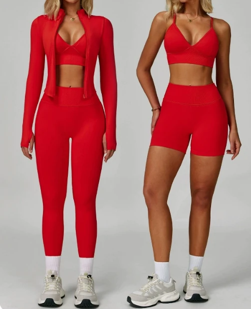 Seamless Tight Yoga Suit Quick-Drying Fitness Sports Suit Outdoor Running Cross-Border 3-Piece Set Waist Slimming Solid