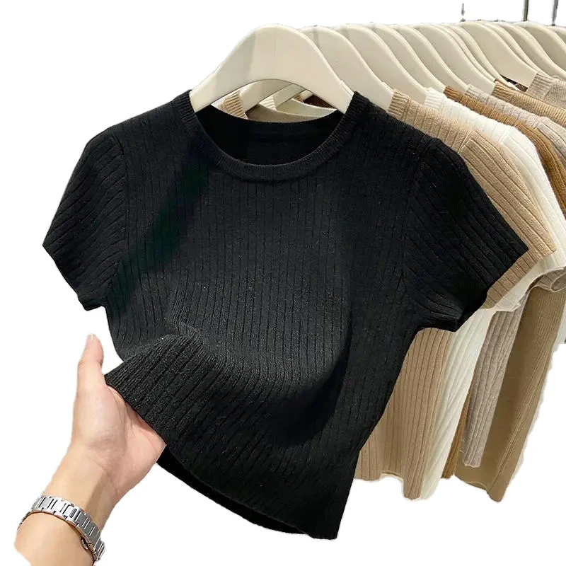 Summer Solid Color Round Neck T-shirt Short Sleeve Tee Female Slim Short Sweater Top for Ladies