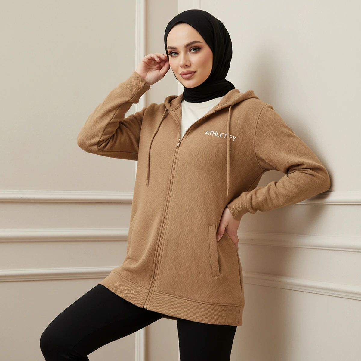 Women Muslim Plus Size Loose Fit Longline Zip-Up Hoodie Modest Islamic Breathable Eco-Friendly UPF50+ Cotton Blend Sportswear