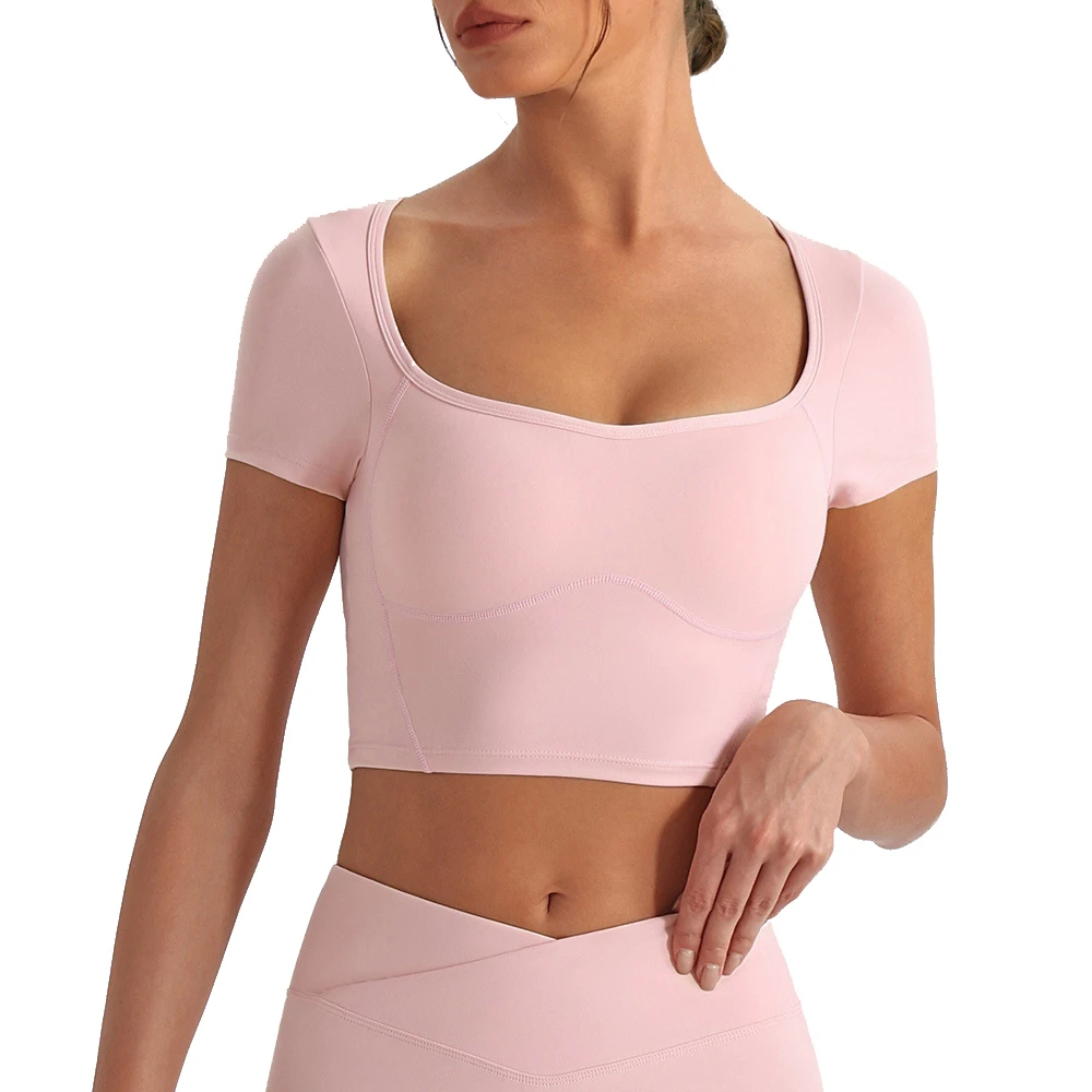 Square Neck Short Sleeve Padded Plus Size Four-Way Stretch Sports Running T-shirt Women Slim Fit Crop Backless Top Spring Summer