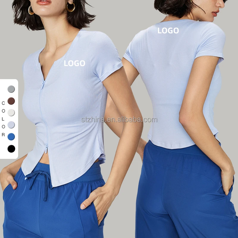 Slim-fit Sports T-shirt Women's Round Neck Zipper Skin-friendly Soft Fabric Yoga Dress Casual Fitness Short Sleeve