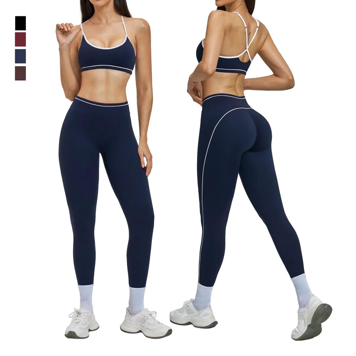 Women Solid Yoga Wear Hollow Cross Back Sports Bra Butt Lifting Elastic High Waist Running Leggings Lightweight Breathable