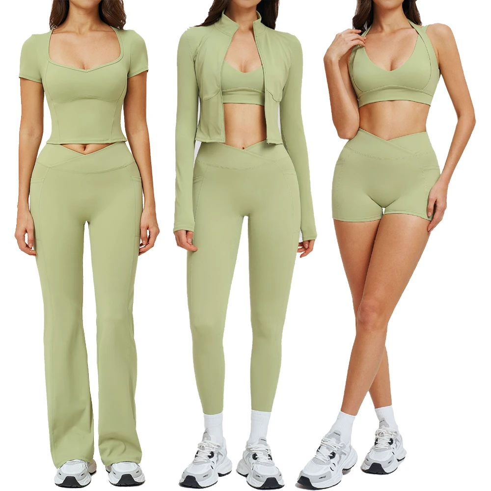 EnovStars Custom 6 Piece Gym Set Bra Tee Jacket Shorts Leggings Flare Pants Naked Feel Conjunto Deportivo Conjunto Fitness