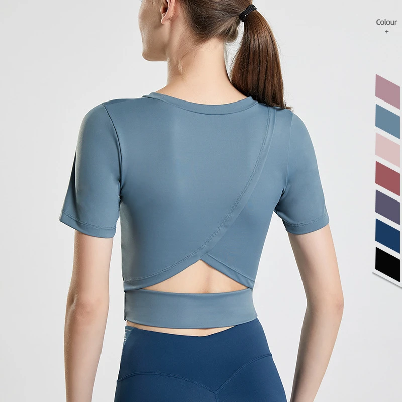 Wholesale Eco-Friendly Quick Dry Breathable Mesh Fabric Nylon Spandex Side Slit Design Women's Sports T-Shirt Patchwork Yoga Top