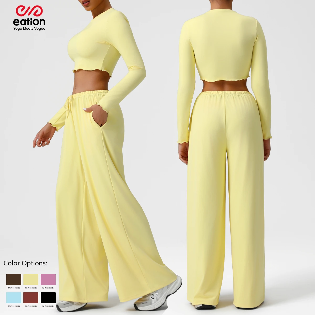 Women Two Piece Yoga Set Long Sleeve Crop Top Wide Leg Pants Athleisure Outfit High Waist Drawstring Pocket Lounge Fitness Wear