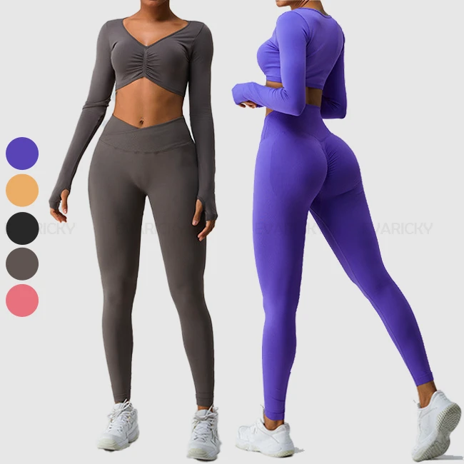 Ladies Long Sleeve Pleated Front Crop Top Women Gym Fitness Yoga Wear High Waist Seamless Legging Yoga Set With Thumb Hole