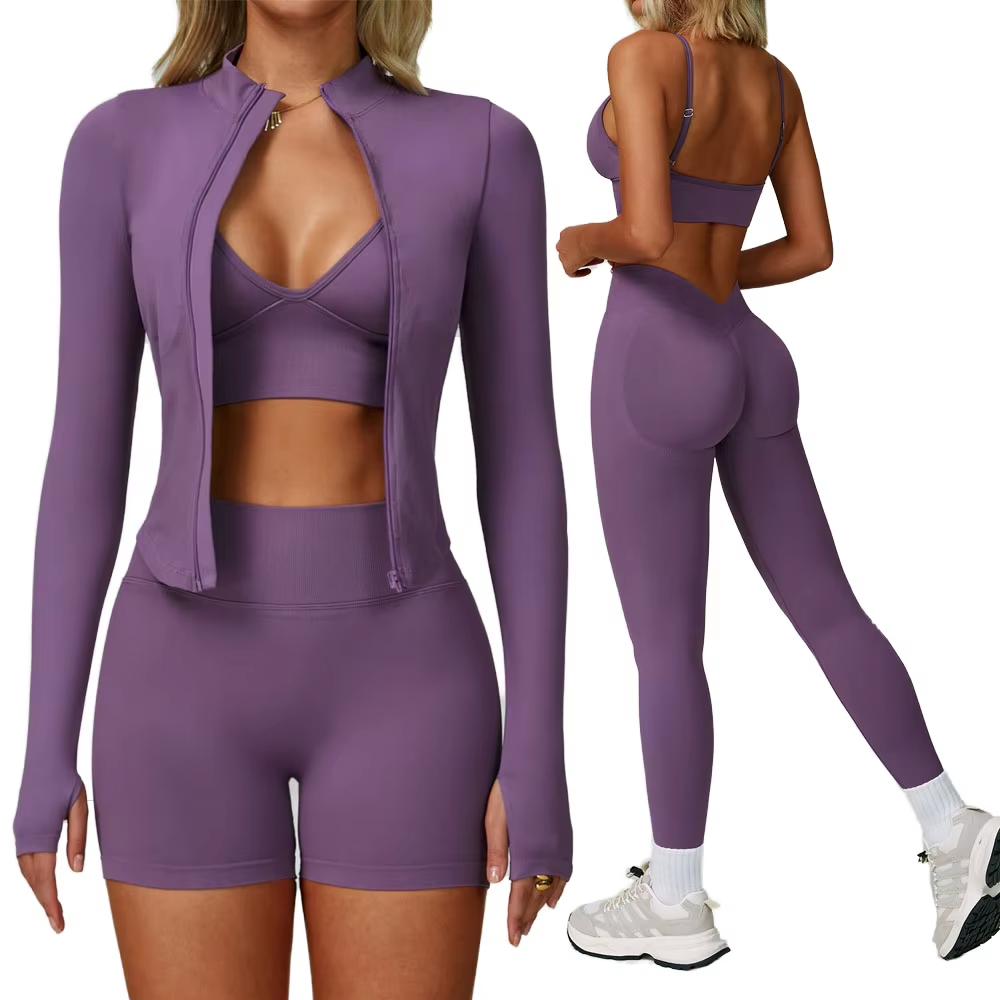 Women 3 Piece Solid Yoga Set Custom Seamless High Elastic Quick Dry Breathable Workout Clothing Running Sports Gym Fitness