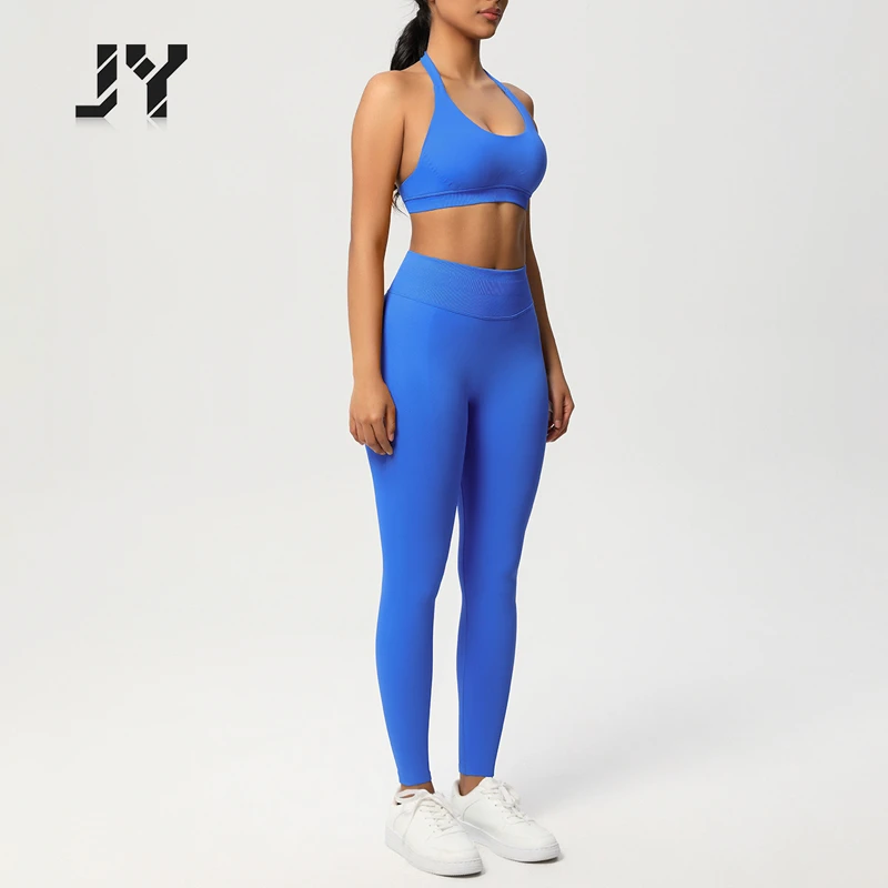 JY High-quality Fitness Exercise Set Launched, Solid Color Tight Fitting Neck Hanging Beautiful Back Women's Yoga Set