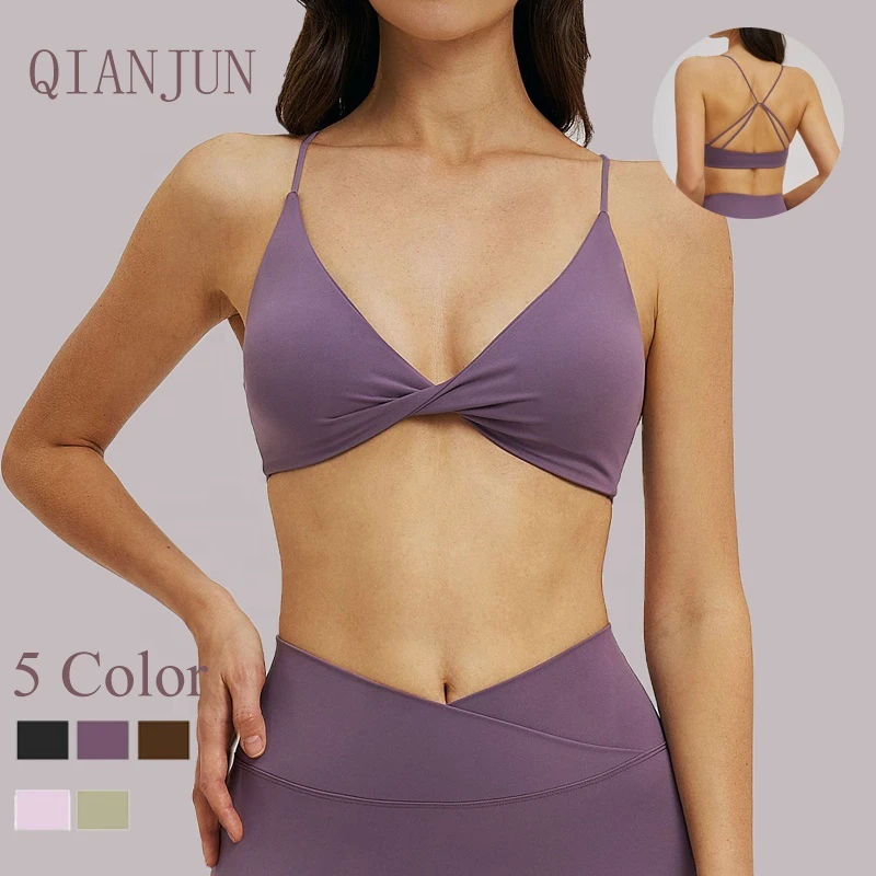 Custom Women Sexy V-neck Gym Fitness Yoga Wear Sports Bra Cross Back Front Twist Backless Exercise Yoga Workout Bra
