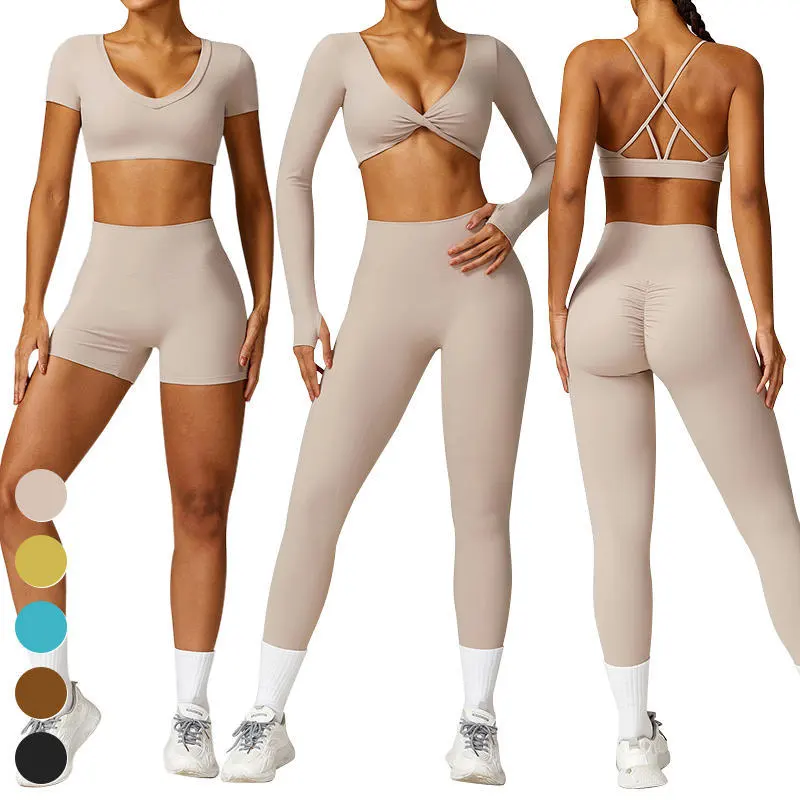 Tight Exercise Suit Sports Bra Long Sleeve Top Leggings 5 Piece Suit Quick Dry Running Workout Sets Women Gym Fitness Yoga Set