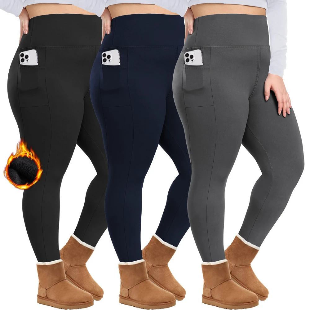 Plus Size Women Winter Fleece Lining Leggings High Waist Solid Casual Leggings Workout Fitness With Pockets Yoga Pants