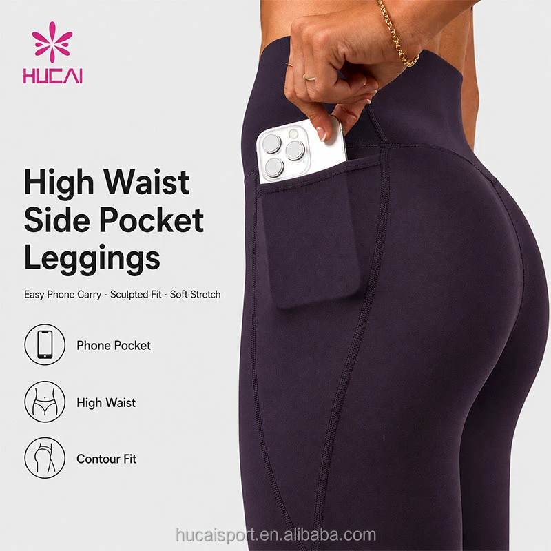 ODM HUCAI Custom Logo Quick Dry Women's Sport Fitness Yoga Pants High Waist Butt Lifting Yoga Compression Leggings With Pockets