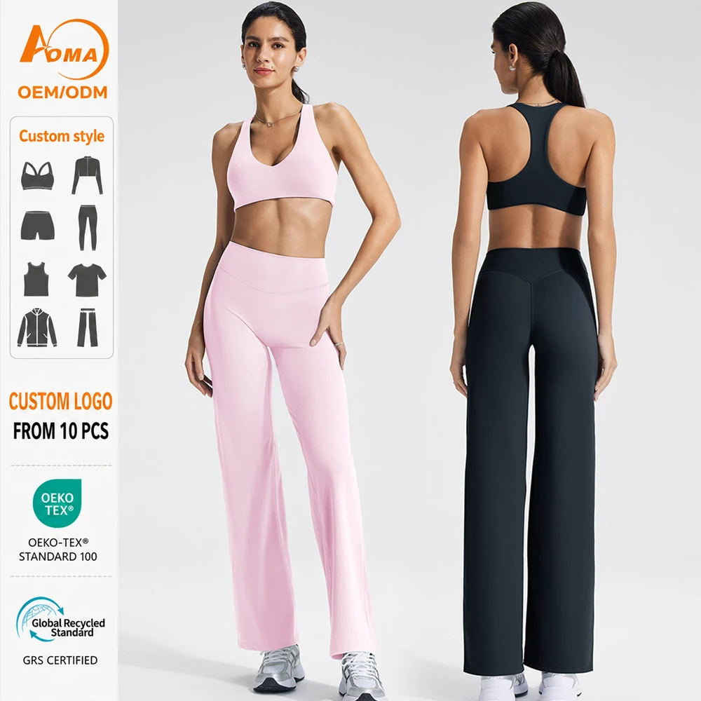 Aoyema Women Fitness Wear Solid Sports Bra High-strength Running Fitness I-character Yoga Bra Straight Pants Two-piece Set