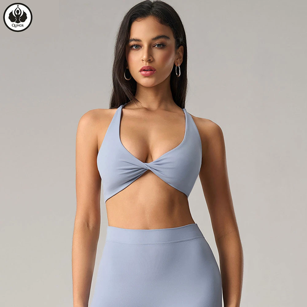 QUMOR Hot Selling Sexy Lightweight Women's Gym Sports Bra with Removable Pads Soft Front Twist Cross Back Design Light Support