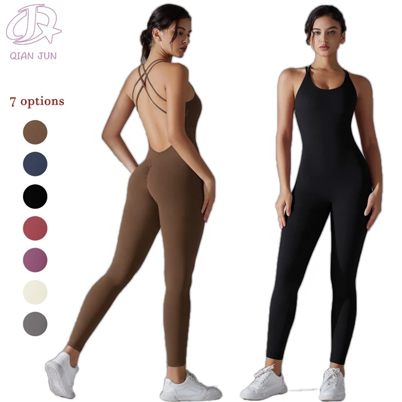 Custom Women's Hollow Out Back Yoga Jumpsuit Solid Pattern Tight-Fitting Bodysuit For Sports