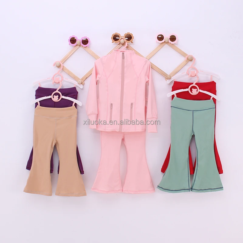 Wholesale Low Moq Kids Yoga Activewear Set Children Girls Jacket Flares Outfit