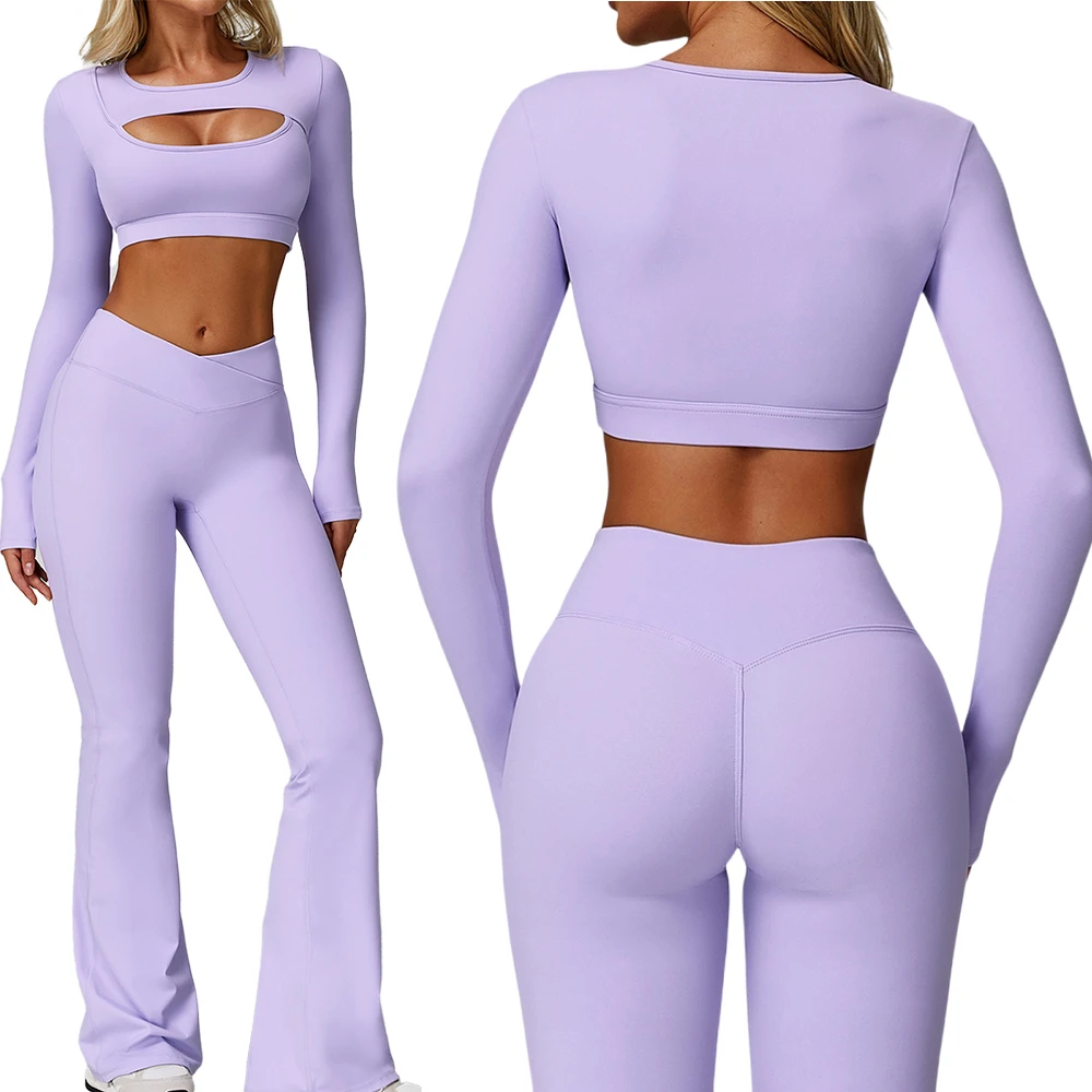 Custom Wear Long Sleeve Gym Wear Workout Breathable Quick Dry Flared Leggings 2 Pcs Gym Clothes for Women Sports Yoga Set