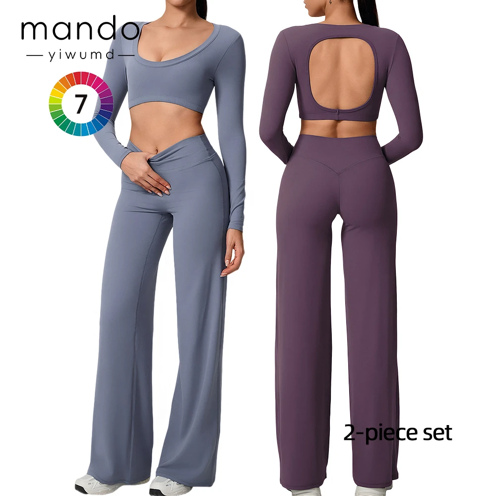 Women's Long Sleeve Yoga Set Backless Crop Top & Wide Leg Leggings 2-Piece Set Quick Dry Snug Activewear for Gym Fitness