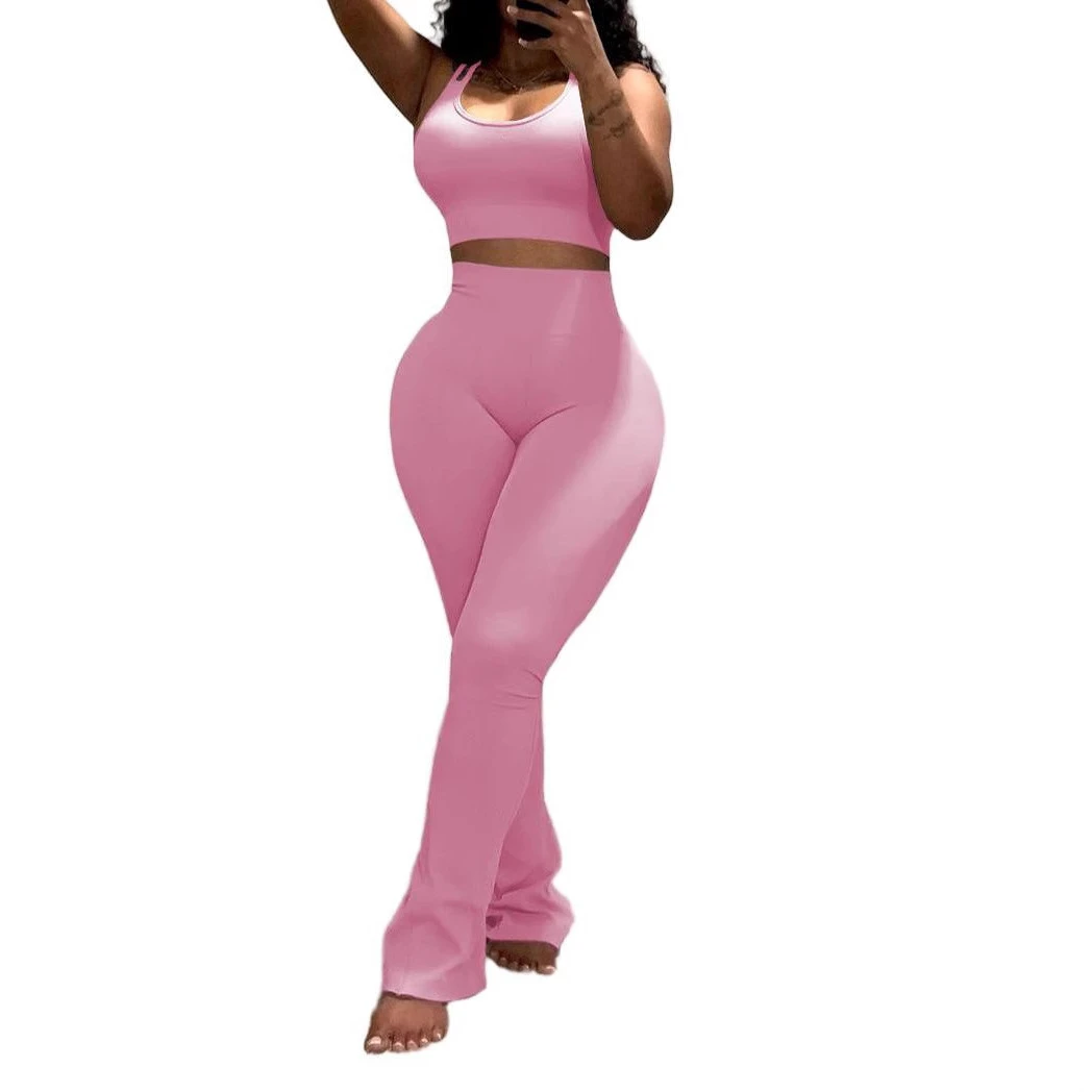 2 Pieces Women's Yoga Flared Pants with Tummy Control and Butt Lift Running Casual Suspender Bra and Leggings Sportswear Set
