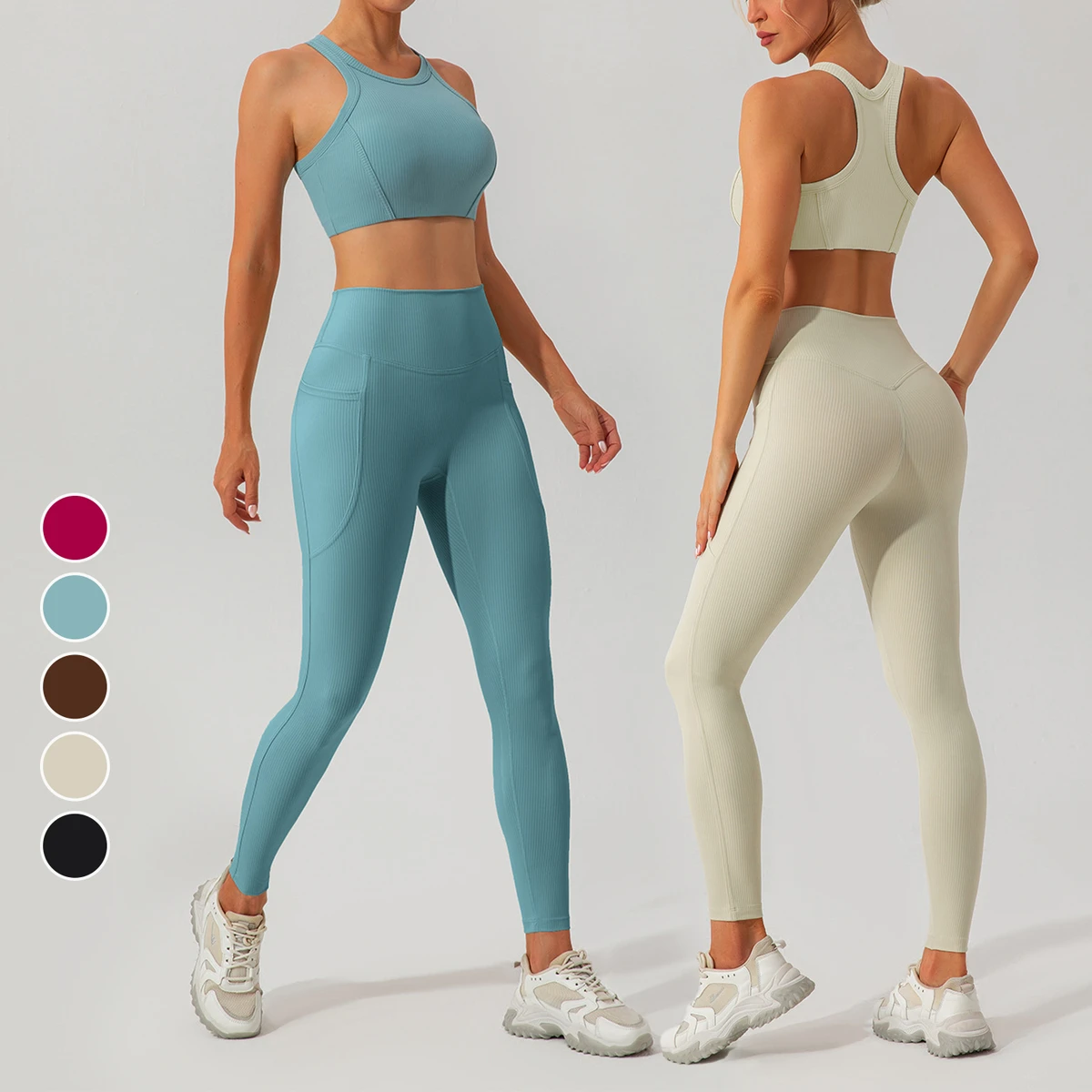 Best High Quality Ladies' Sporty Beautiful Back Fitness Wear Set Ribbed Quick-Drying Breathable High Elastic Waist Yoga Set