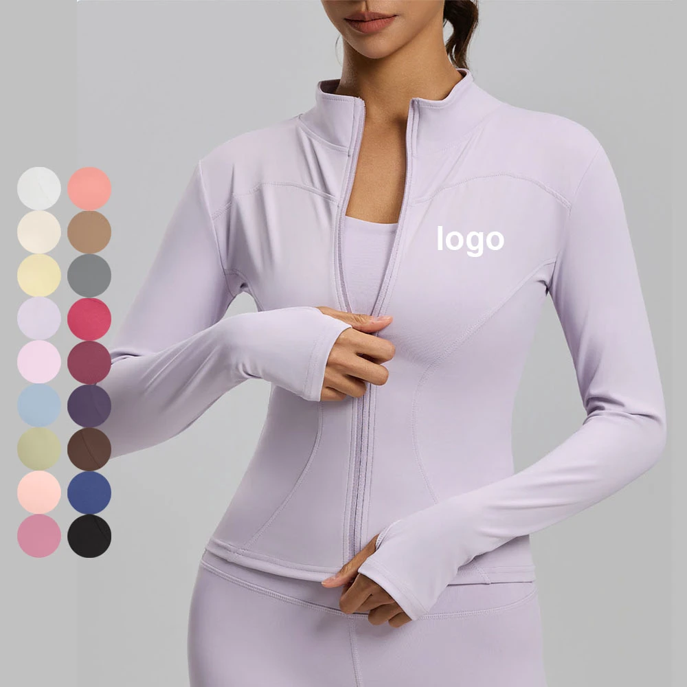 New Women's Slim Fit Solid Breathable Plus Size 3XL Yoga Top Front Logo Long Sleeve Zipper Stand Collar -Yoga Wear Clothings