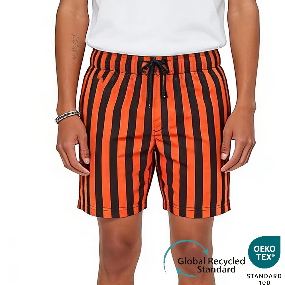 Men's Plus Size Recycled Nylon Four-Way Stretch Quick Dry Eco-Friendly Digital Print Stripe Swim Trunks Board Shorts