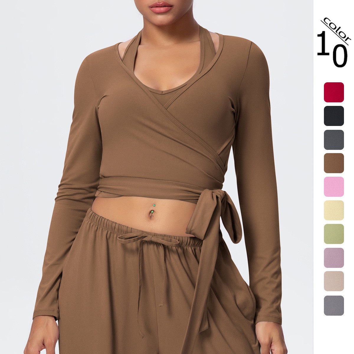 Women's Solid Brushed Quick Dry Tight Crisscross Tie Back V-Neck Long Sleeve Yoga Gym Fitness Sports Top