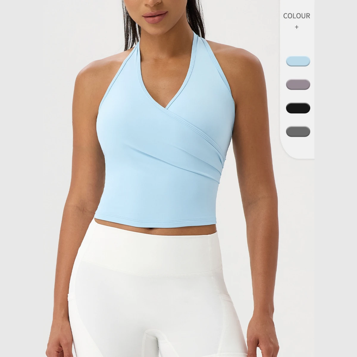 OEM Custom Logo Breathable Lightweight Women's V Neck Halter Tank Top Sexy Fitness Yoga Singlet Hollow Back Skinny Fit Four-Way