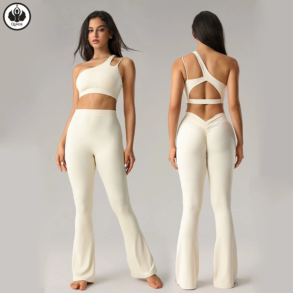 QUMOR Wholesale Women's Workout Wear Reversible Breathable Solid Sports Bra 2 Piece Suit Scrunch Butt Flared Gym Fitness Yoga