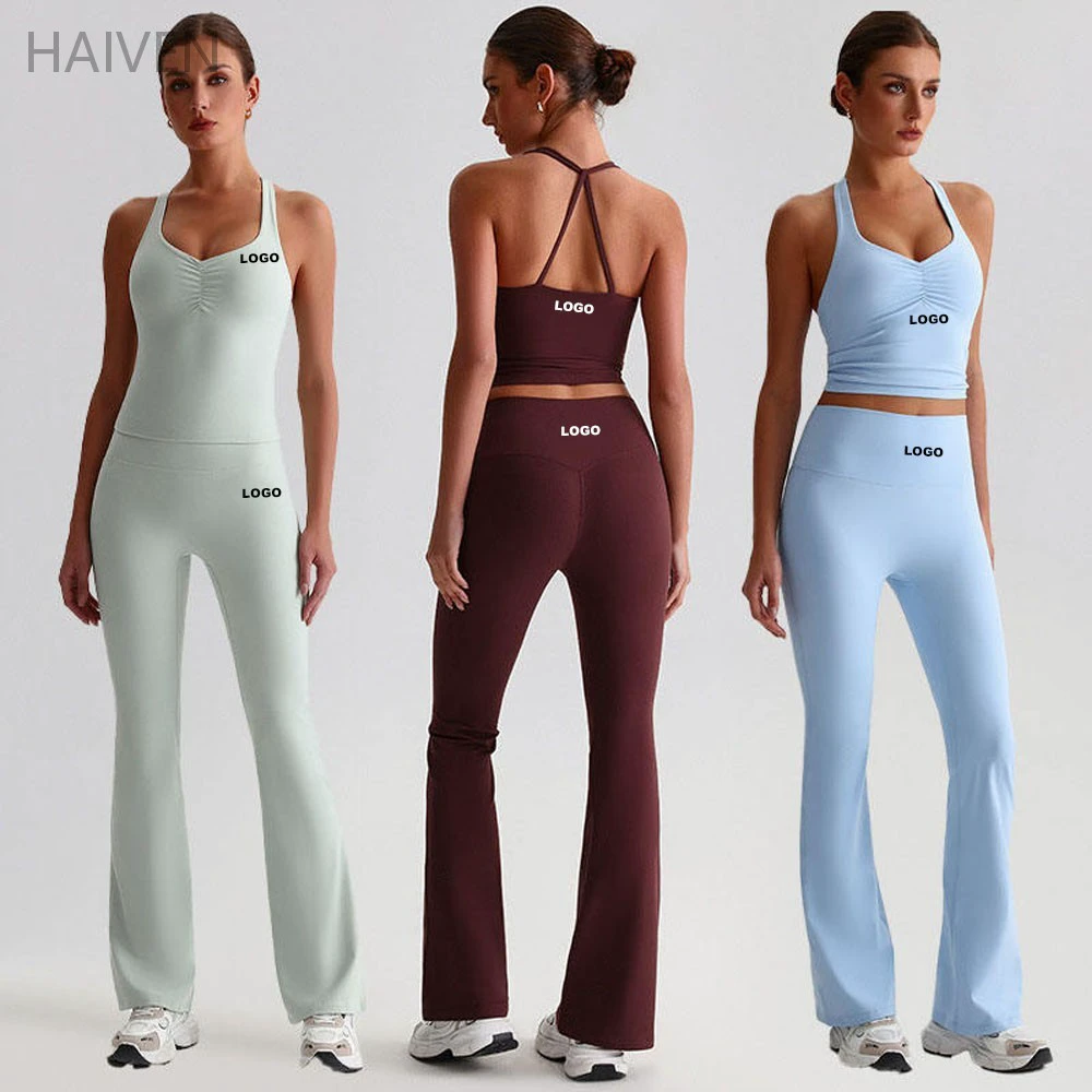 Women's Breathable Sport Wear Set 2 Piece U-Neck Shockproof Yoga Bra Tank Top Vest Long Flare Pants Leggings Yoga Gym Sets