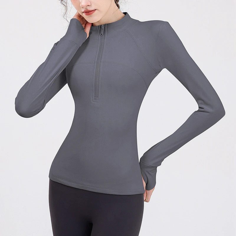 GC Long-sleeved Breathable Stand-up Collar Sports Jacket for Women Quick-drying Slim Fit Yoga Wear Tops Running Fitness Wear