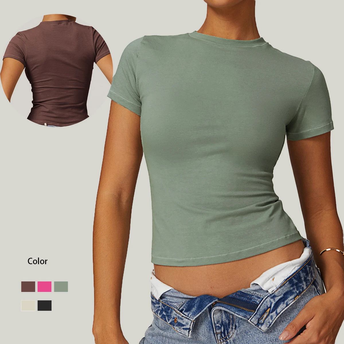 Women Solid Color Biker Outdoor Exercise Tops Lady Casual Round Neck Running Gym Crop Top Female Gather Sports T Shirts