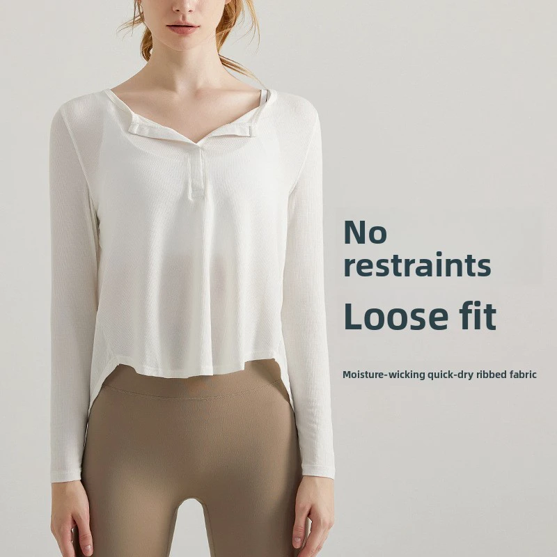 Spring Autumn Yoga Suit for Solid Long-sleeved Loose High-end Sense for Sweat-Wicking Open Collar Running Fitness Top Women