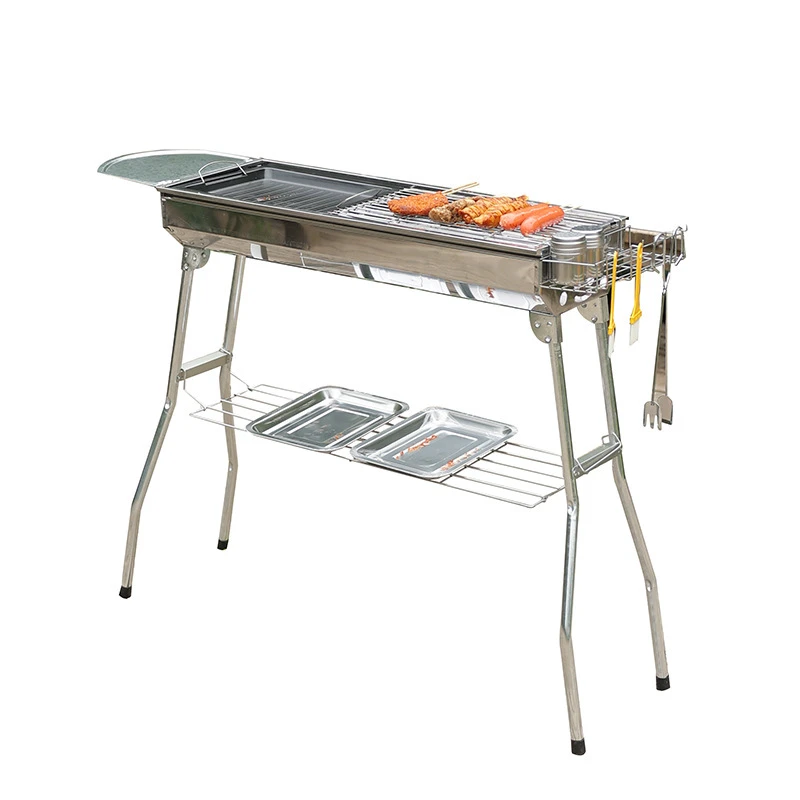 Portable Barbecue Grill Stainless Steel Folding Charcoal Grill Holder With Rack Shelves Hooks for Outdoor Camping Picnic