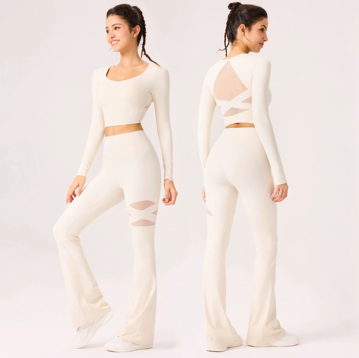 Ladies Sexy Backless Gym Fitness Set Long Sleeves Crop Top High Waist Flare Pants Mesh Pilates Yoga Suit